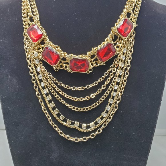 Bijou Drive gold 3 row chain with red crystal stones and 6 layer chain - Picture 3 of 7
